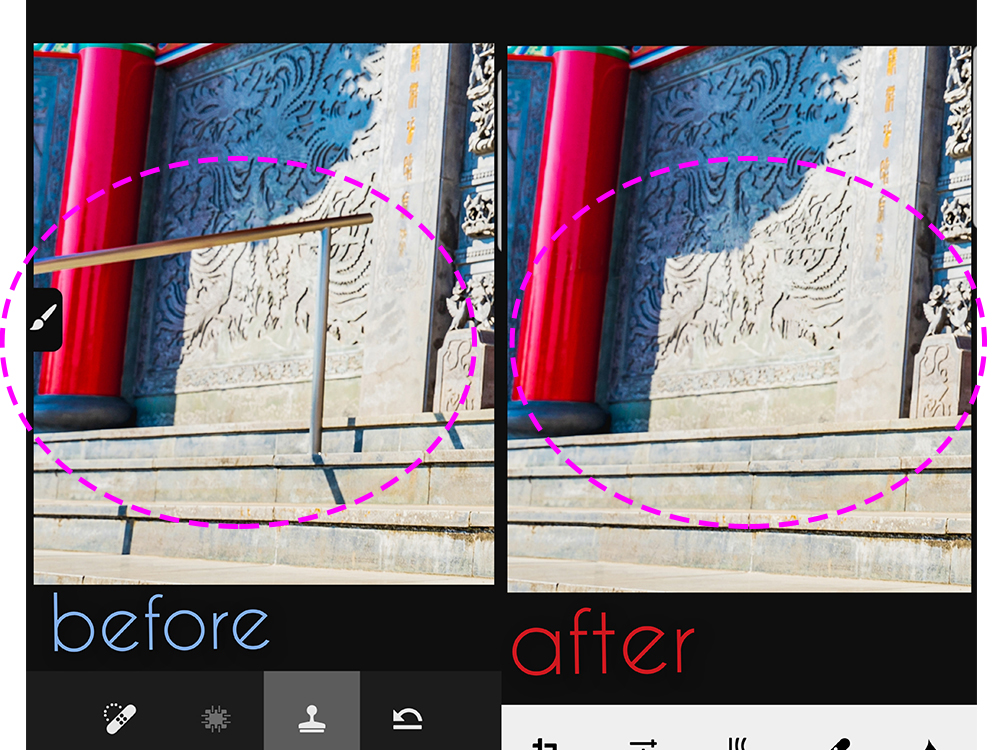 Adobe Photoshop Fixで背景の建物の手すりを消す方法