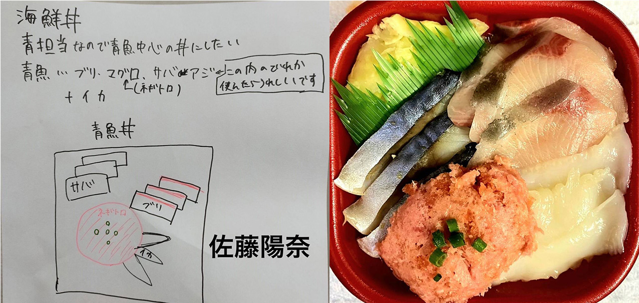 佐藤陽奈が考案した青魚いっぱい丼のイメージ図と完成図001