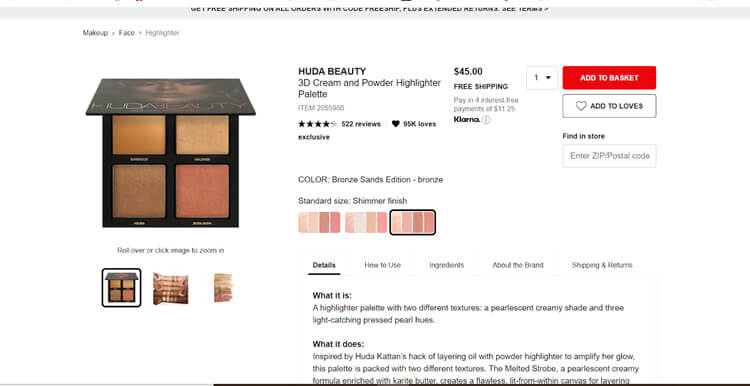 アメリカの大手化粧品小売店SephoraのECサイトの商品「HUDA Beauty」の画面