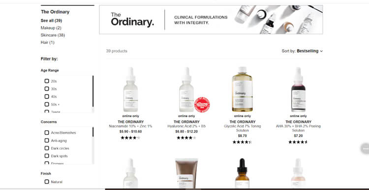アメリカの大手化粧品小売店SephoraのECサイトの「The Ordinary」の画面