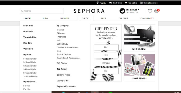 アメリカの大手化粧品小売店SephoraのECサイトカートのGiftsのMini Size（ミニサイズ）とValue Sets（お得なセット）画面