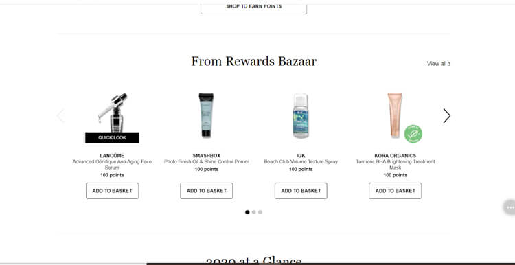 アメリカの大手化粧品小売店SephoraのECサイトのREWARDS(商品)のポイント交換可能な商品一覧画面
